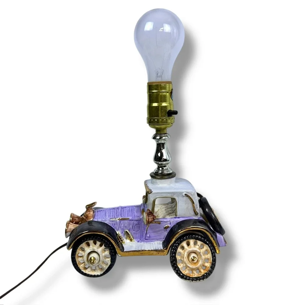 Vintage Ceramic Hand Painted Purple Antique Car Buggy Lamp 